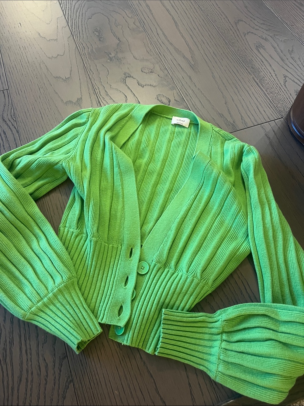 Aritzia- Wilfred Bright Green Ribbed V-Neck Button Cardigan